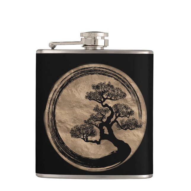 Enso Zen Circle and Bonsai Tree Gold Flask (Front)