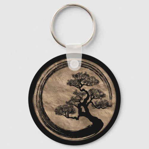 Enso Zen Circle and Bonsai Tree Gold Keychain