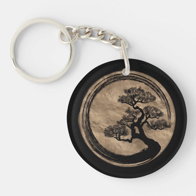 Enso Zen Circle and Bonsai Tree Gold Keychain (Front)