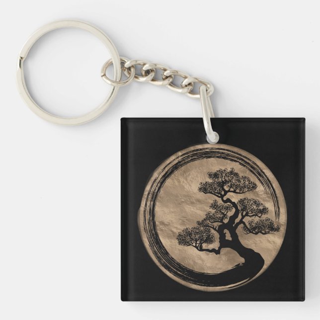 Enso Zen Circle and Bonsai Tree Gold Keychain (Front)