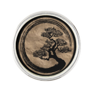 Enso Zen Circle and Bonsai Tree Gold Lapel Pin