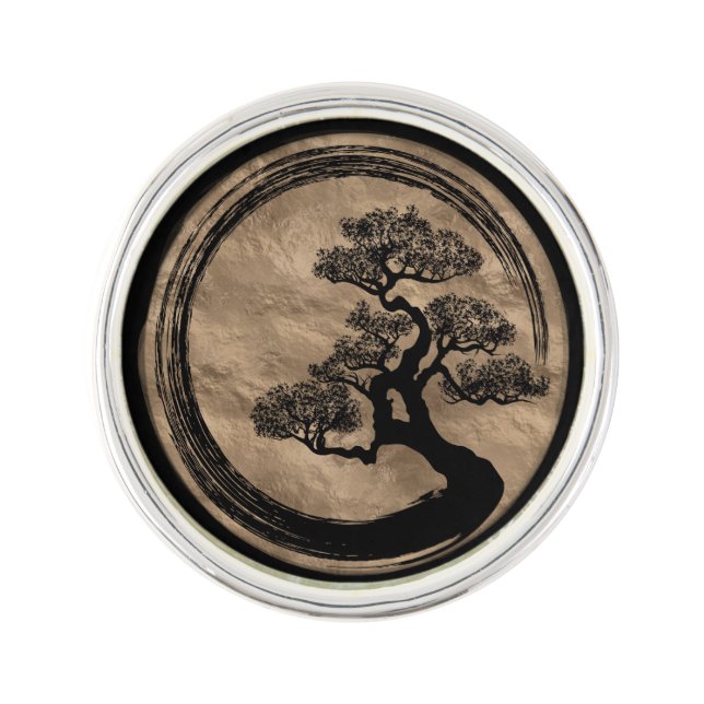 Enso Zen Circle and Bonsai Tree Gold Lapel Pin (Front)