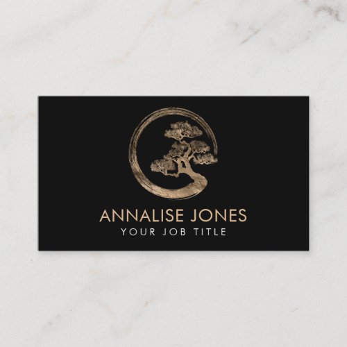 Enso Zen Circle and Bonsai Tree  gold on black Business Card