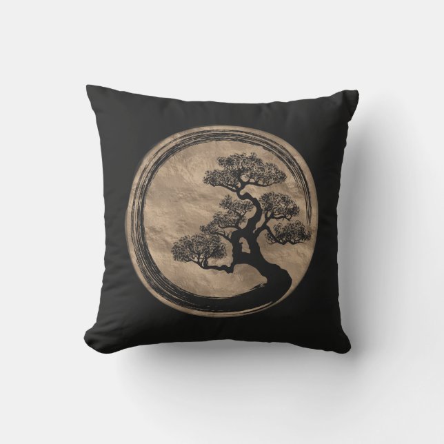 Enso Zen Circle and Bonsai Tree Gold Outdoor Pillow (Front)
