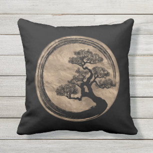 Enso Zen Circle and Bonsai Tree Gold Outdoor Pillow