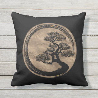 Enso Zen Circle and Bonsai Tree Gold Outdoor Pillow