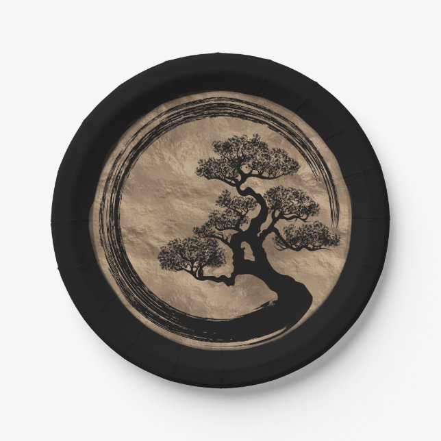 Enso Zen Circle and Bonsai Tree Gold Paper Plates (Front)