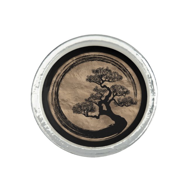 Enso Zen Circle and Bonsai Tree Gold Ring (Front)