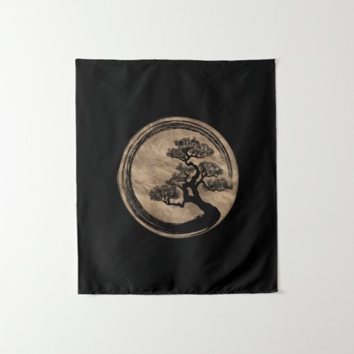 Enso Zen Circle and Bonsai Tree Gold Tapestry