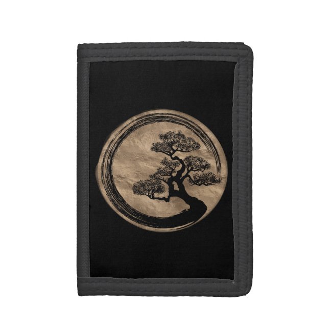 Enso Zen Circle and Bonsai Tree Gold Trifold Wallet (Front Vertical)