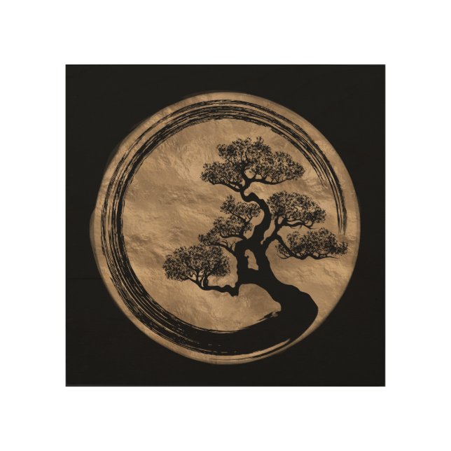 Enso Zen Circle and Bonsai Tree Gold Wood Wall Art (Front)