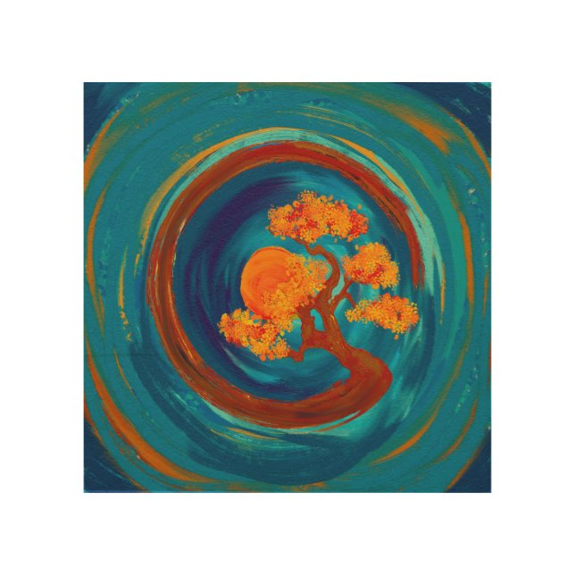 Enso Zen Circle and Bonsai Tree - impasto Wood Wall Art (Front)