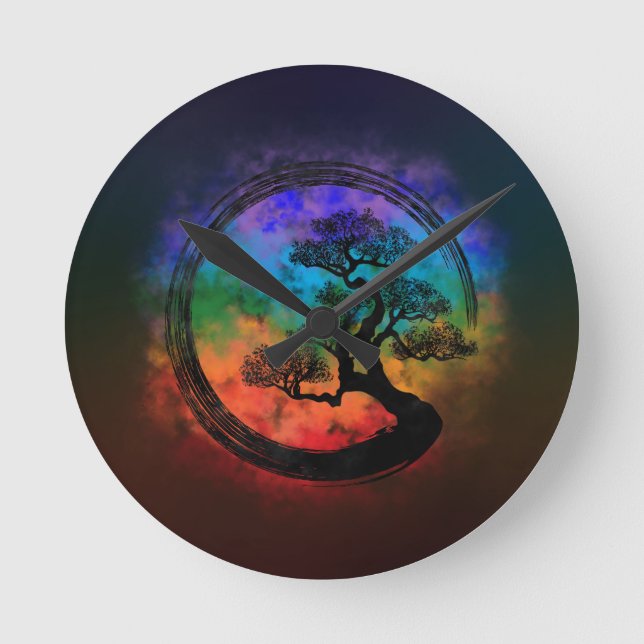 Enso Zen Circle and Bonsai Tree Nebula Round Clock (Front)