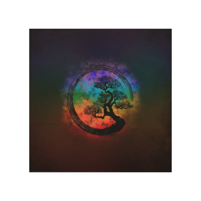 Enso Zen Circle and Bonsai Tree Nebula Wood Wall Art (Front)