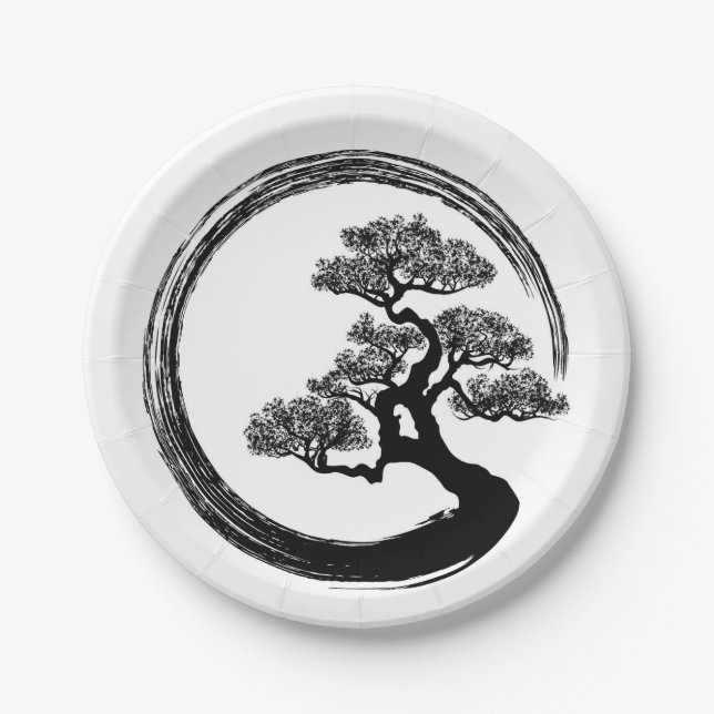Enso Zen Circle and Bonsai Tree Paper Plates (Front)