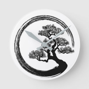 Enso Zen Circle and Bonsai Tree Round Clock