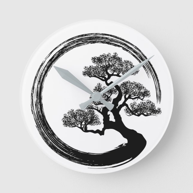 Enso Zen Circle and Bonsai Tree Round Clock (Front)