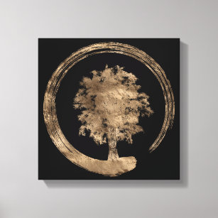 Enso Zen Circle and Tree - Gold on black Canvas Print