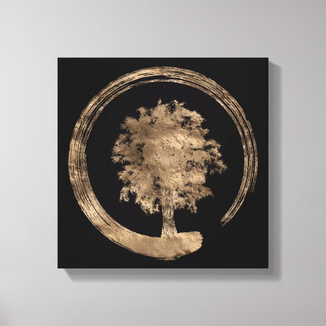 Enso Zen Circle and Tree - Gold on black Canvas Print (Front)