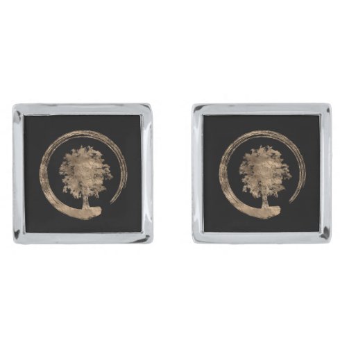 Enso Zen Circle and Tree _ Gold on black Cufflinks