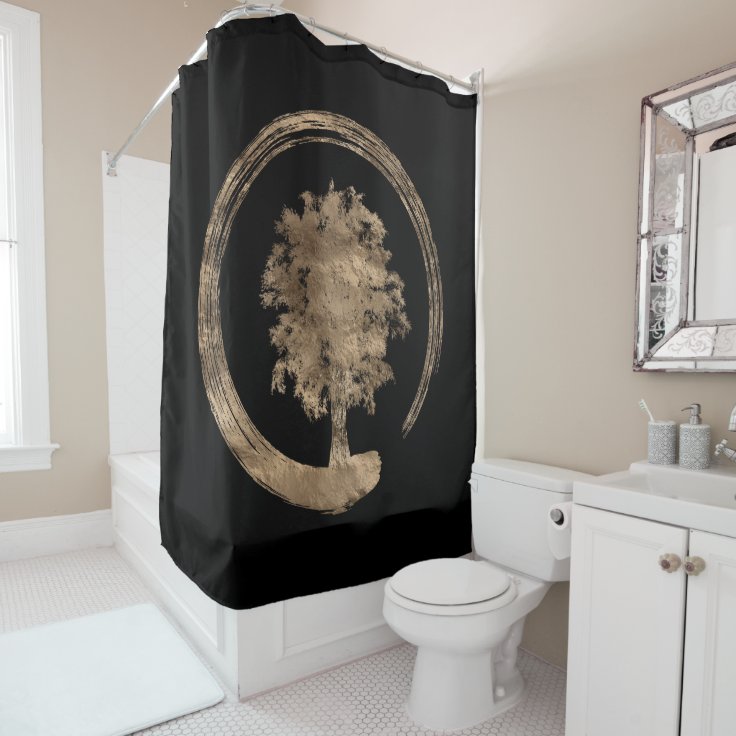 Enso Zen Circle and Tree Gold on black Shower Curtain Zazzle