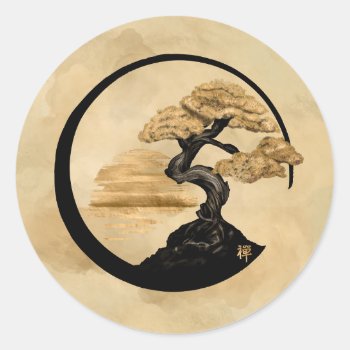 Enso Zen Circle Bonsai - Golden Sunrise Classic Round Sticker by LoveMalinois at Zazzle