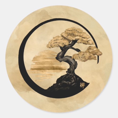 Enso Zen Circle Bonsai _ Golden Sunrise Classic Round Sticker