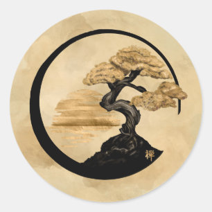Enso Zen Circle Bonsai - Golden Sunrise Classic Round Sticker