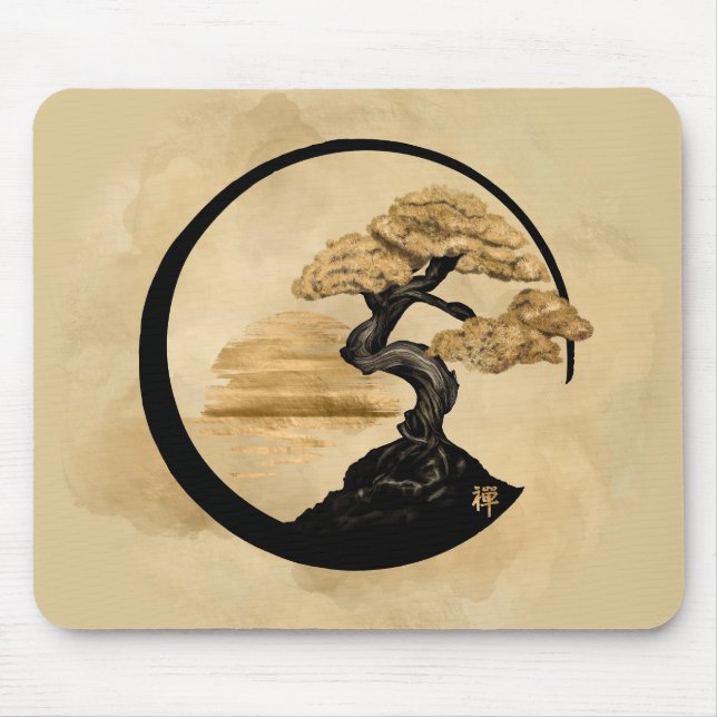 Enso Zen Circle Bonsai - Golden Sunrise Mouse Pad (Front)