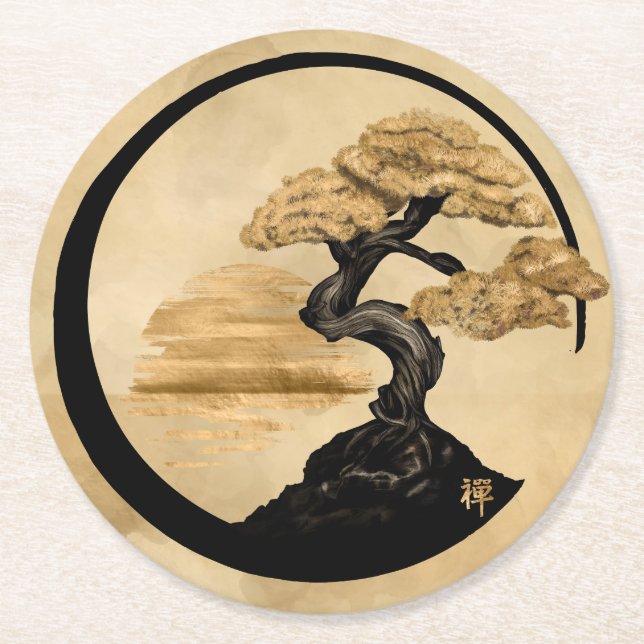 Enso Zen Circle Bonsai - Golden Sunrise Round Paper Coaster (Front)