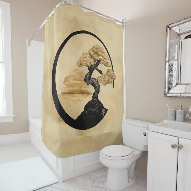 Enso Zen Circle Bonsai - Golden Sunrise Shower Curtain (In Situ)