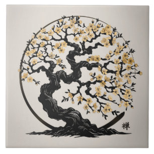 Enso Zen Circle Sakura tree - Golden Blossom Ceramic Tile