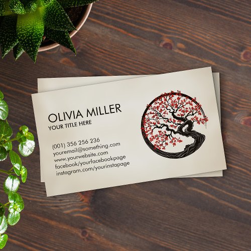 Enso Zen Circle Sakura Tree _ Red Cherry Blossom Business Card