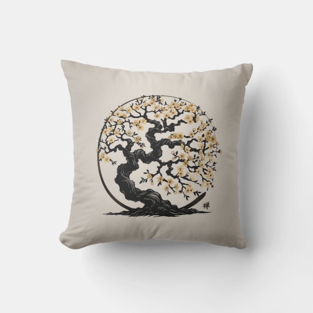 Enso Zen Circle Sakura tree Throw Pillow (Front)