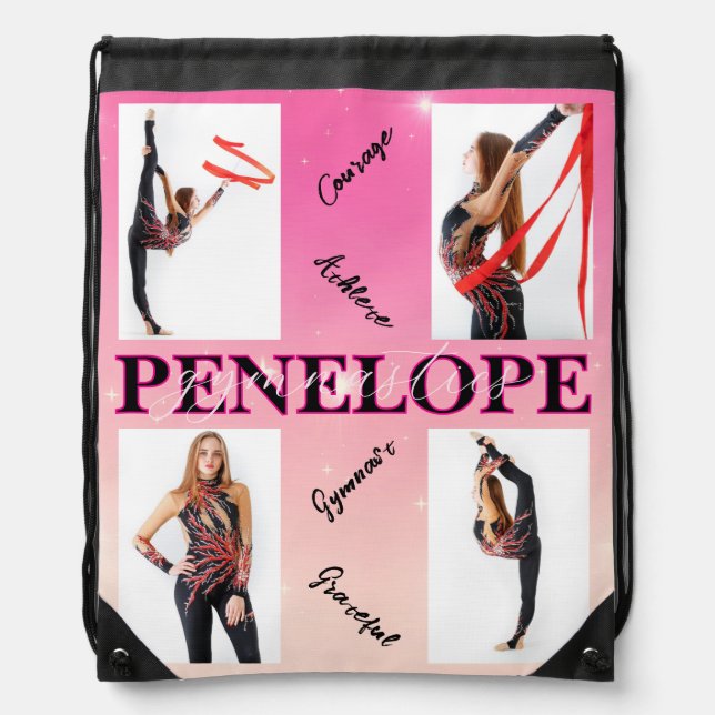 Entangled Gymnastics Pink 4 Photo Encouragement Drawstring Bag (Front)
