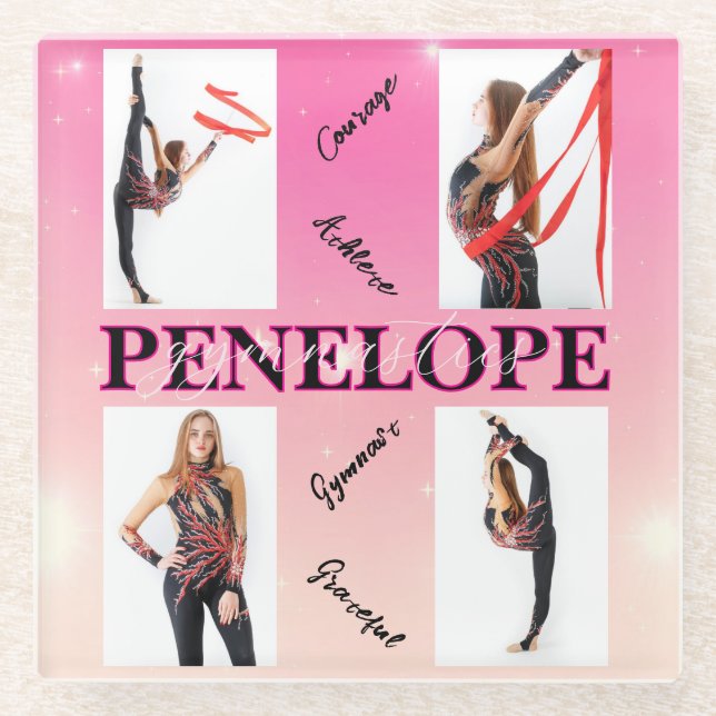 Entangled Gymnastics Pink 4 Photo Encouragement Glass Coaster (Front)