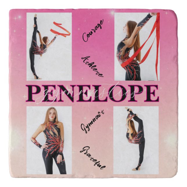 Entangled Gymnastics Pink 4 Photo Encouragement Trivet (Front)