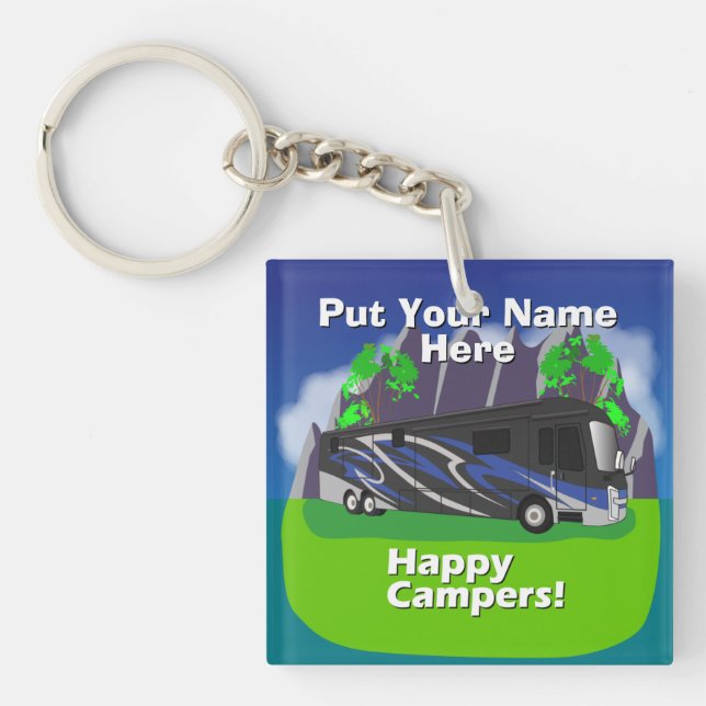 Entegra Aspire RV Blue Happy Camper Design Keychain (Front)