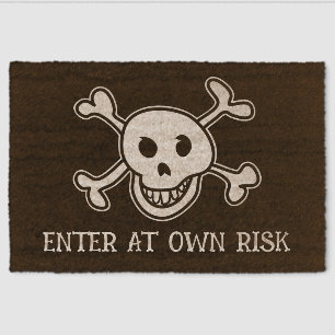 Enter at own risk funny cross bones & skull head fiber doormat