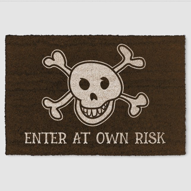 Enter at own risk funny cross bones & skull head fiber doormat (Front)