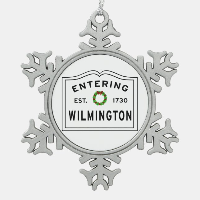 Entering Massachusetts Town Wilmington Snowflake Pewter Christmas Ornament (Front)