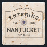 Entering Nantucket Travertine Coaster<br><div class="desc">4" x 4" natural Turkish travertine stone coaster with Entering Nantucket sign.  Cork backing.</div>
