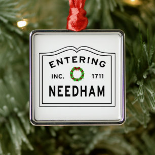 Entering Needham Massachusetts Metal Ornament
