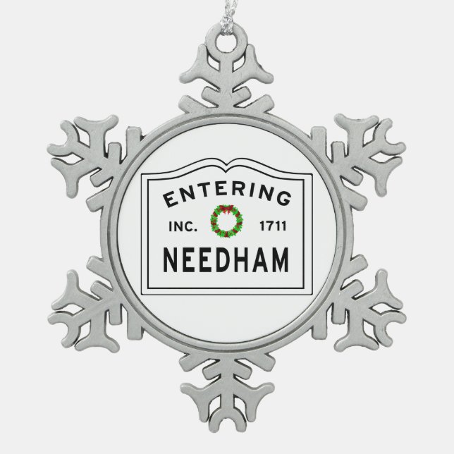 Entering Needham Massachusetts Snowflake Pewter Christmas Ornament (Front)