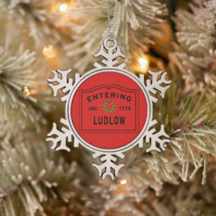 Entering Town Ludlow Massachusetts Christmas Snowflake Pewter Christmas Ornament