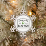 Entering Town Massachusetts Sandwich Snowflake Pewter Christmas Ornament<br><div class="desc">Christmas holidays in New England would not be complete without a festive "Entering Sandwich" ornament. Great gift idea for someone living in the town of Sandwich MA, or a Sandwich neighborhood. Give one to your parents, grandparents, newlyweds, welcome to the neighborhood, housewarming you name it. Buy one for everyone on...</div>