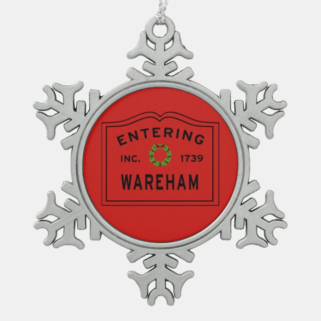 Entering Town Wareham Christmas Snowflake Pewter Christmas Ornament (Front)