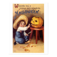 Entertaining Halloween Boy Carving Pumpkin Postcard