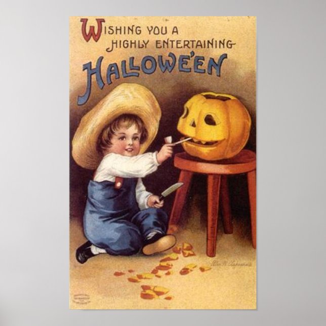 Entertaining Halloween Boy Carving Pumpkin Poster (Front)