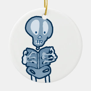 Enthralled Ethan Literary Skeleton with Book Ceramic Ornament